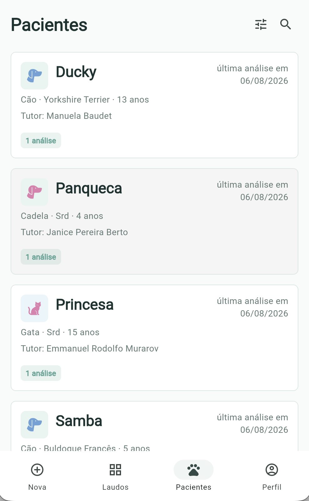 Lista de pacientes no app mobile do IrisVet